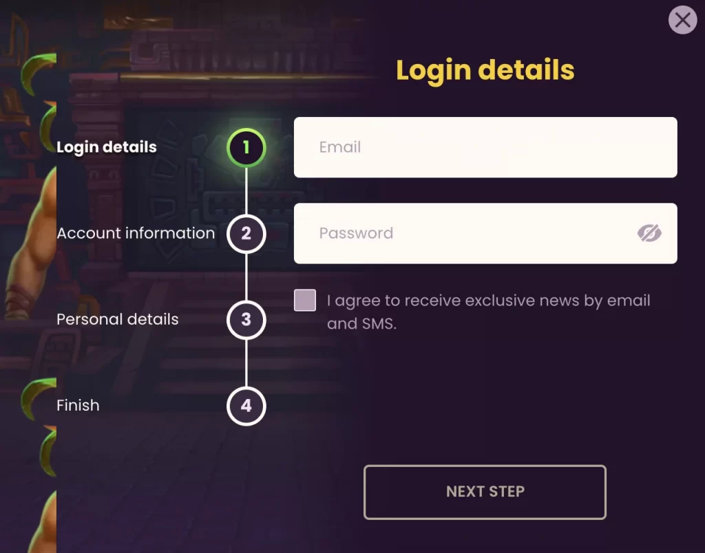 Bizzo Casino registration and login screen